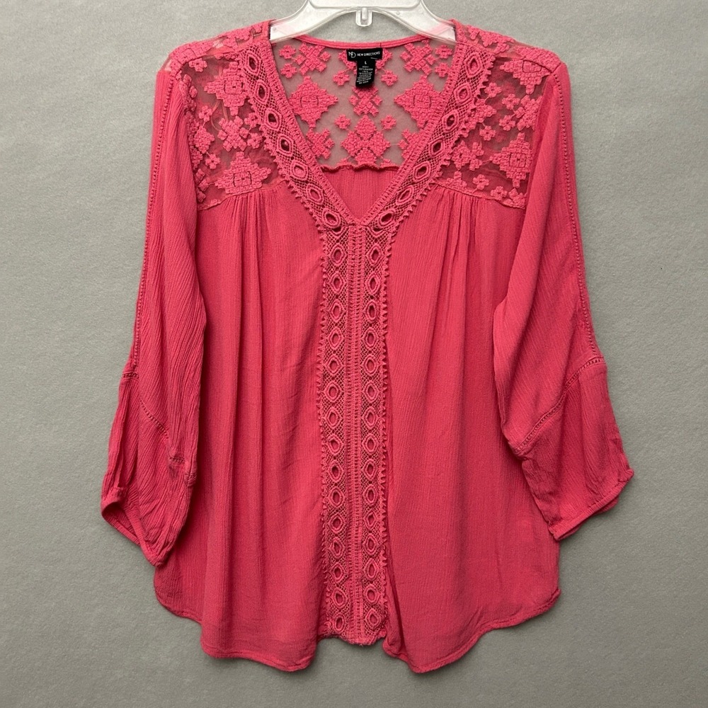 New Directions Women L Blouse Pink Boho Hippie Y2K Lace Crochet 3/4 Sleeve Top